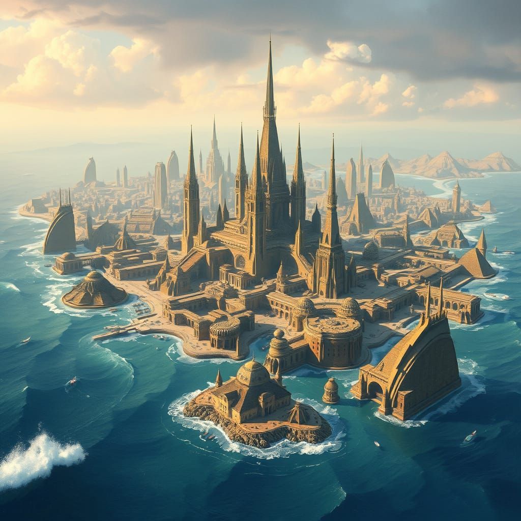 Atlantis Cityscape: Futuristic Metropolis in Watercolor Styl...