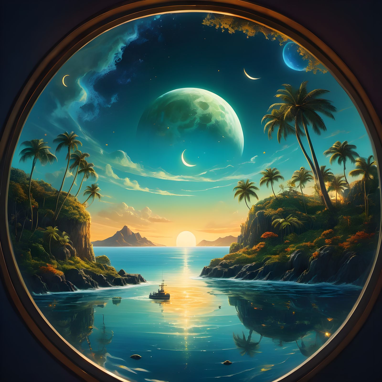 Breathtaking Island Scene Reflected in Submarine Porthole