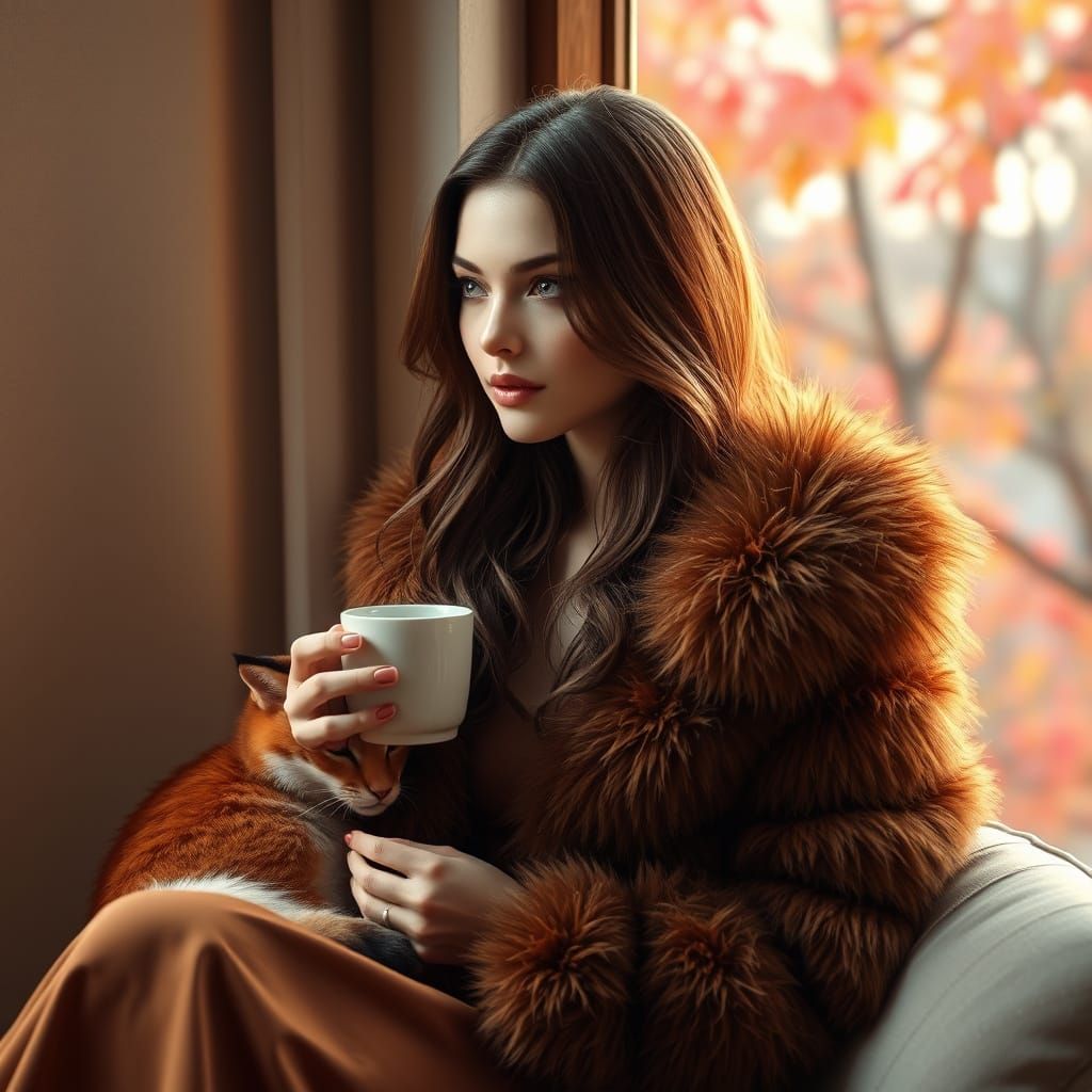Serene Brown-Haired Woman in Cozy Spring Setting
