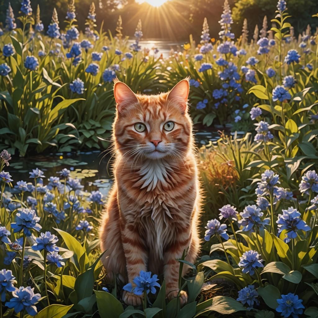 Ginger Cat in Blue Flowers: Renoir Style Painting