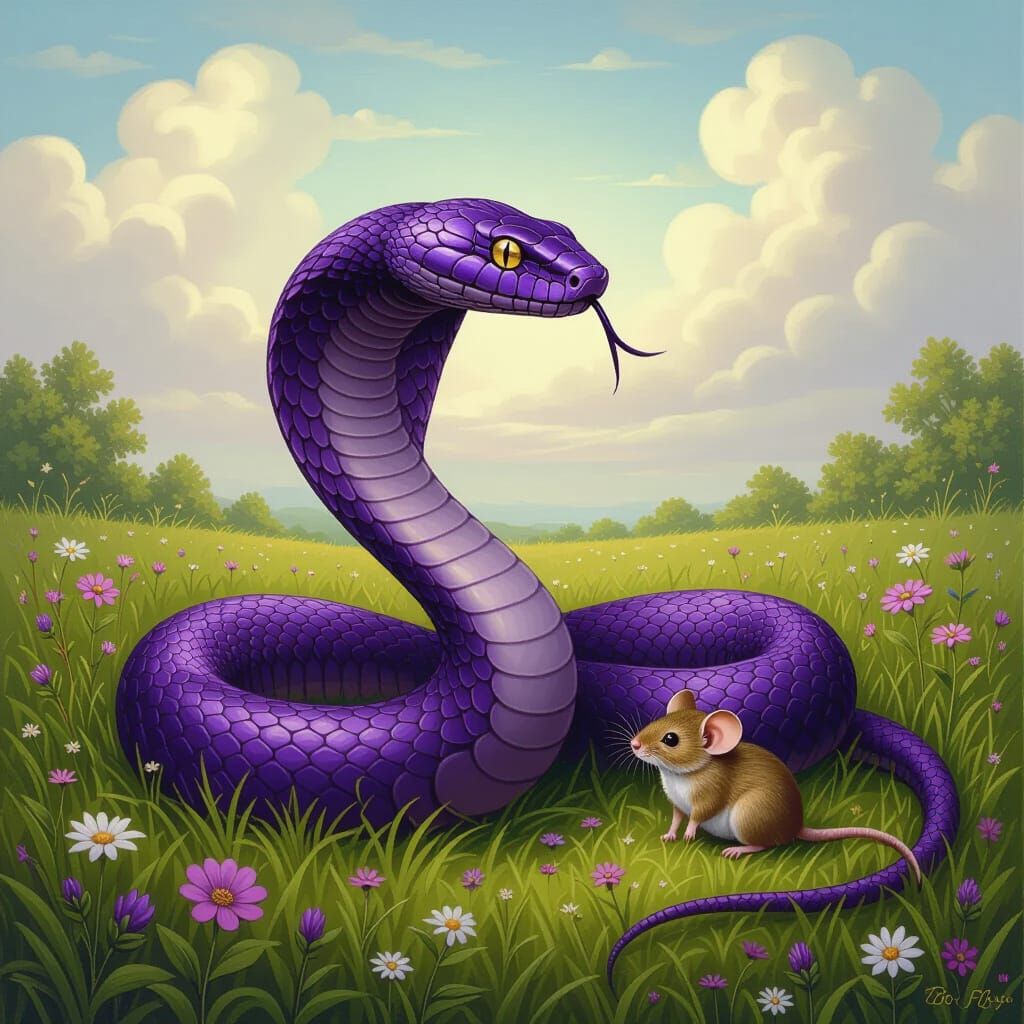 Purple Cobra and Mouse in Lush Meadow, Magical Realism Style