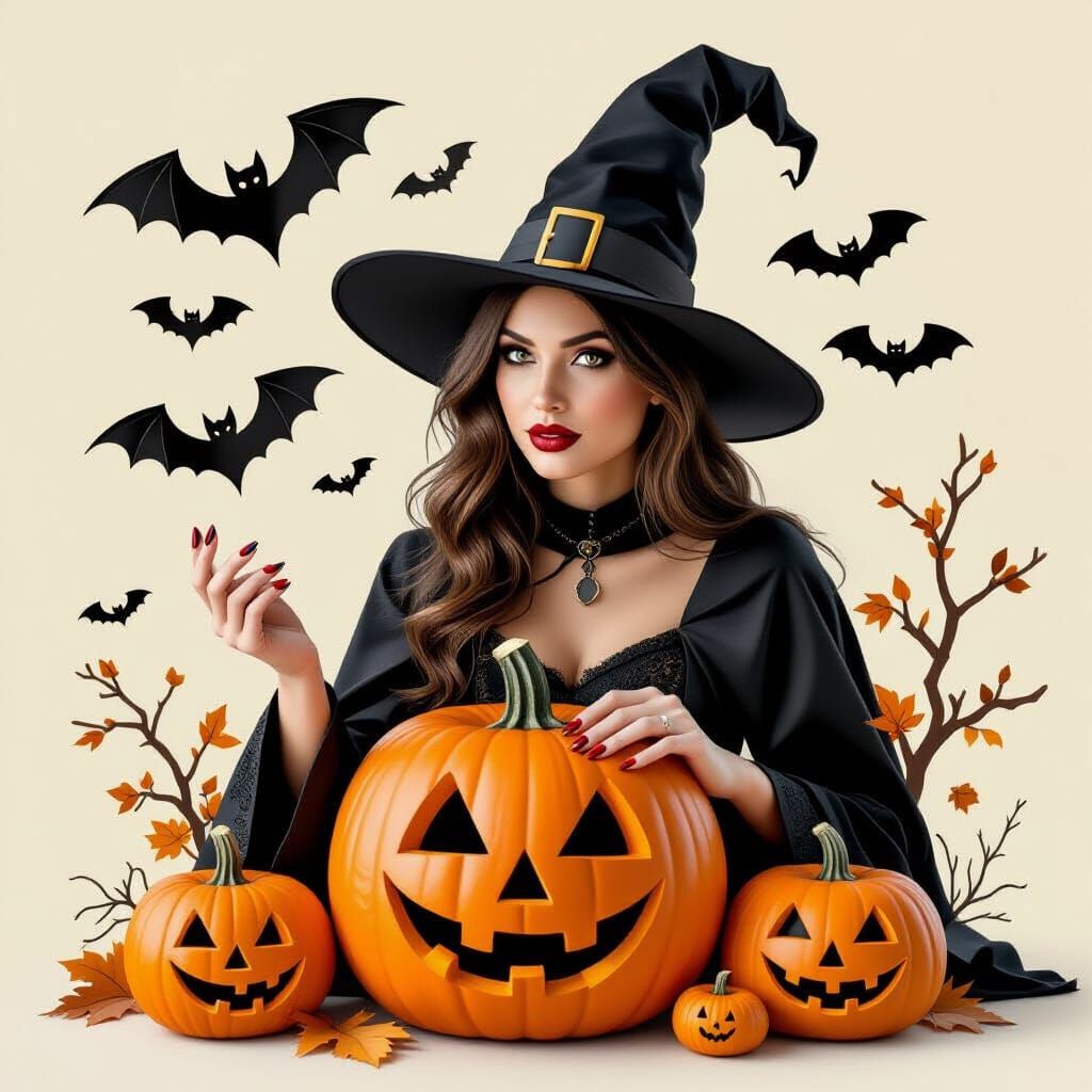 Halloween Collage With Witch Bats and Pumpkin