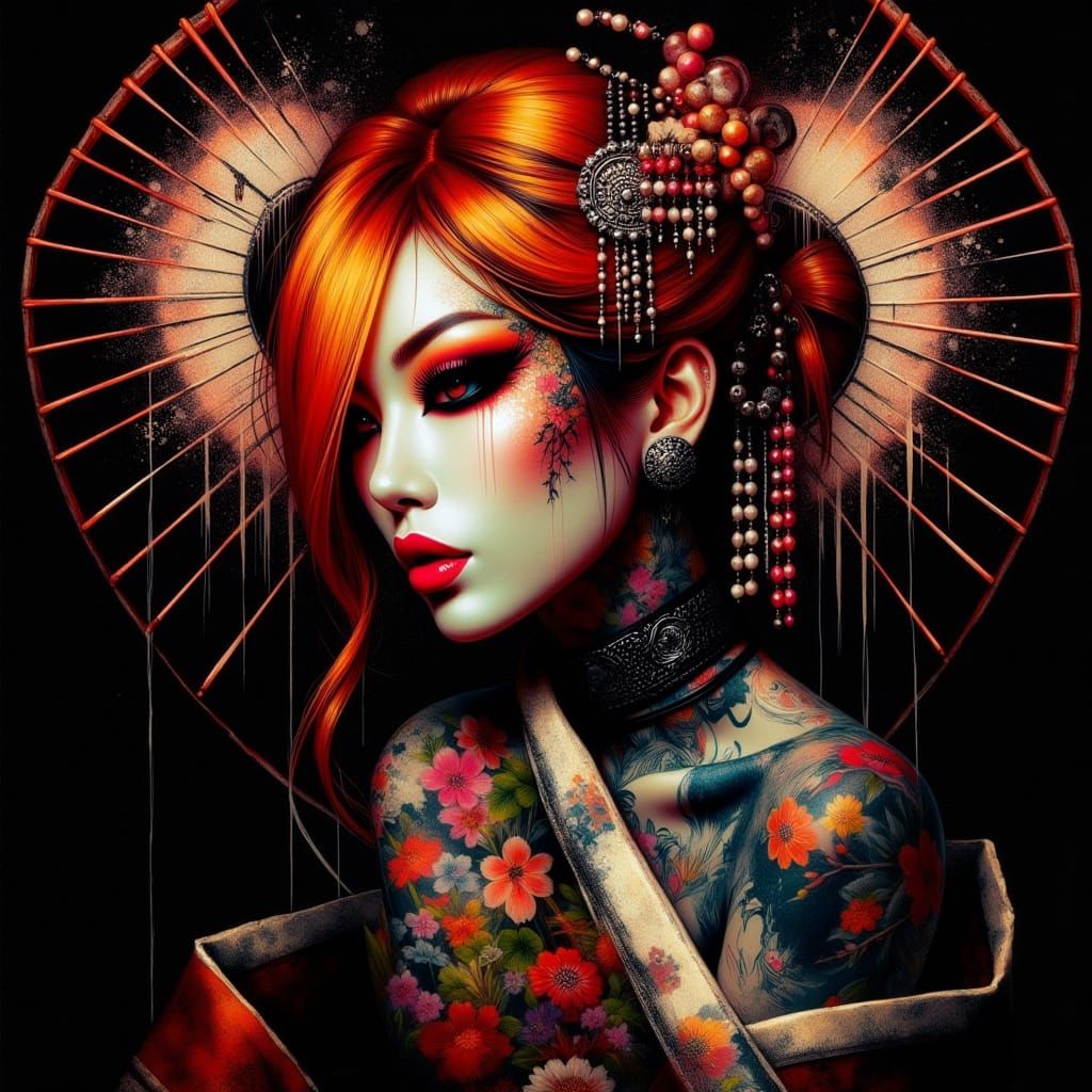Inked Geisha with Orange Hair in Splash Art Style