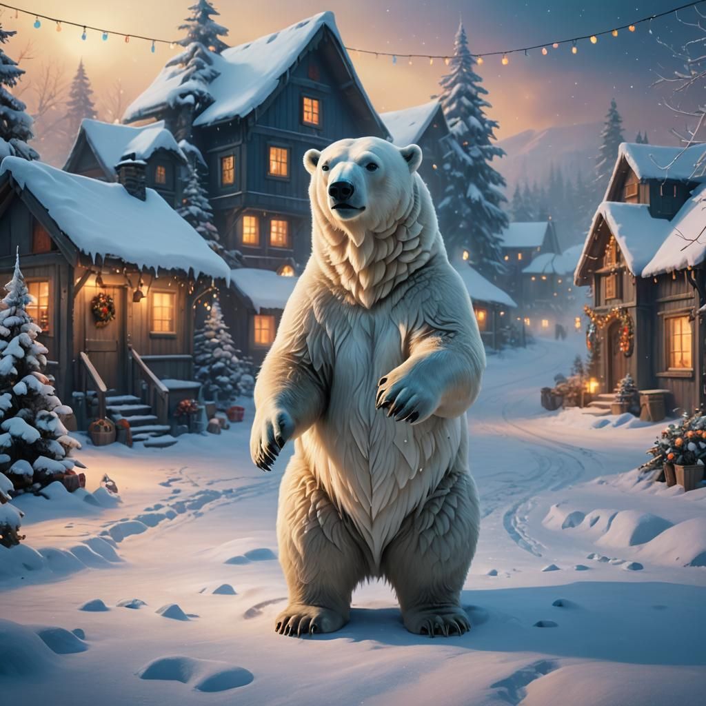 Polar Bear in Christmas Village: Fantasy Concept Art