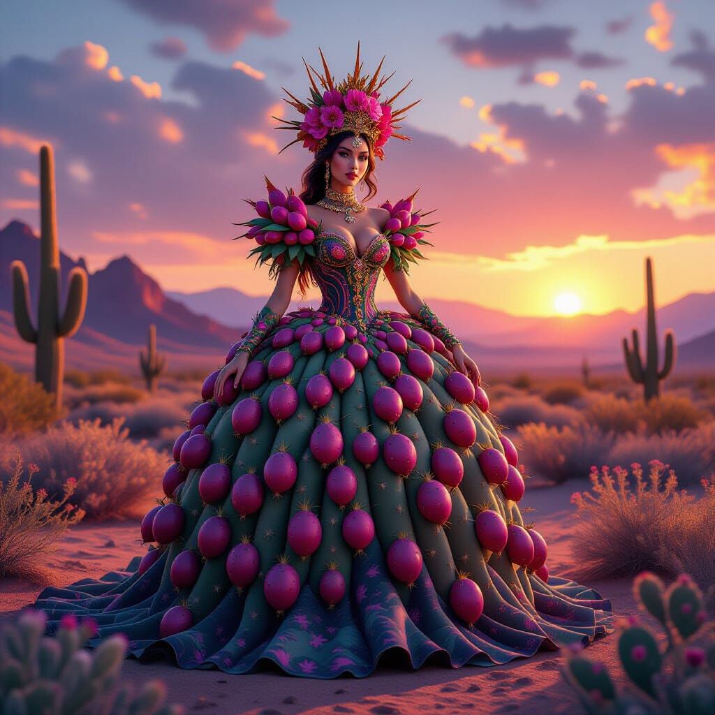 Cactus Queen in Desert Sunset, Fantasy Concept Art