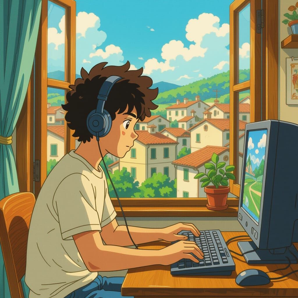 Studio Ghibli Style Italian Boy Playing PC Game