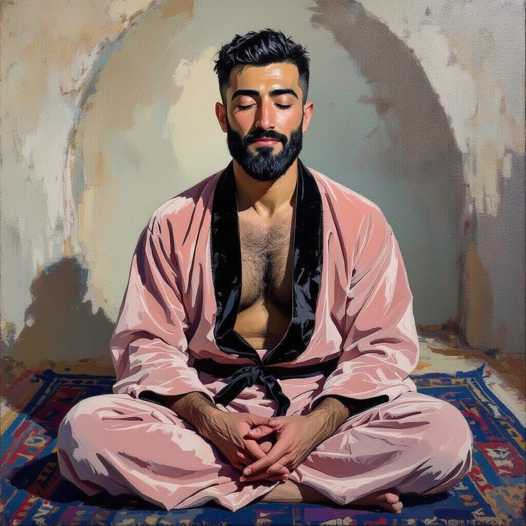 Serene Man in Velvet Robe Prayer Mat Abstract Oil Painting