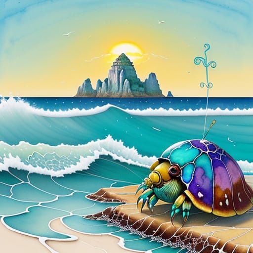 Vibrant Hermit Crab in Dreamlike Beach Scene