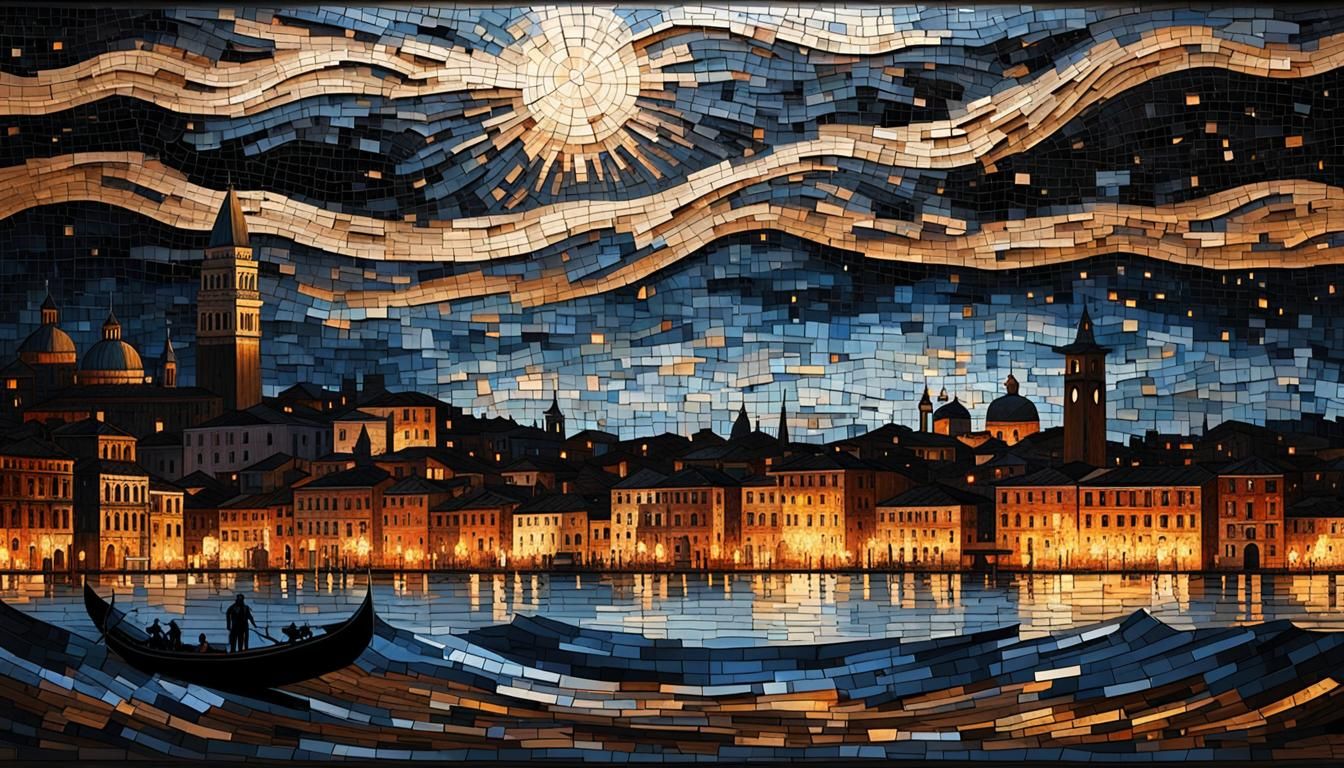 Venice at Night in Burned Wood Mosaic Style
