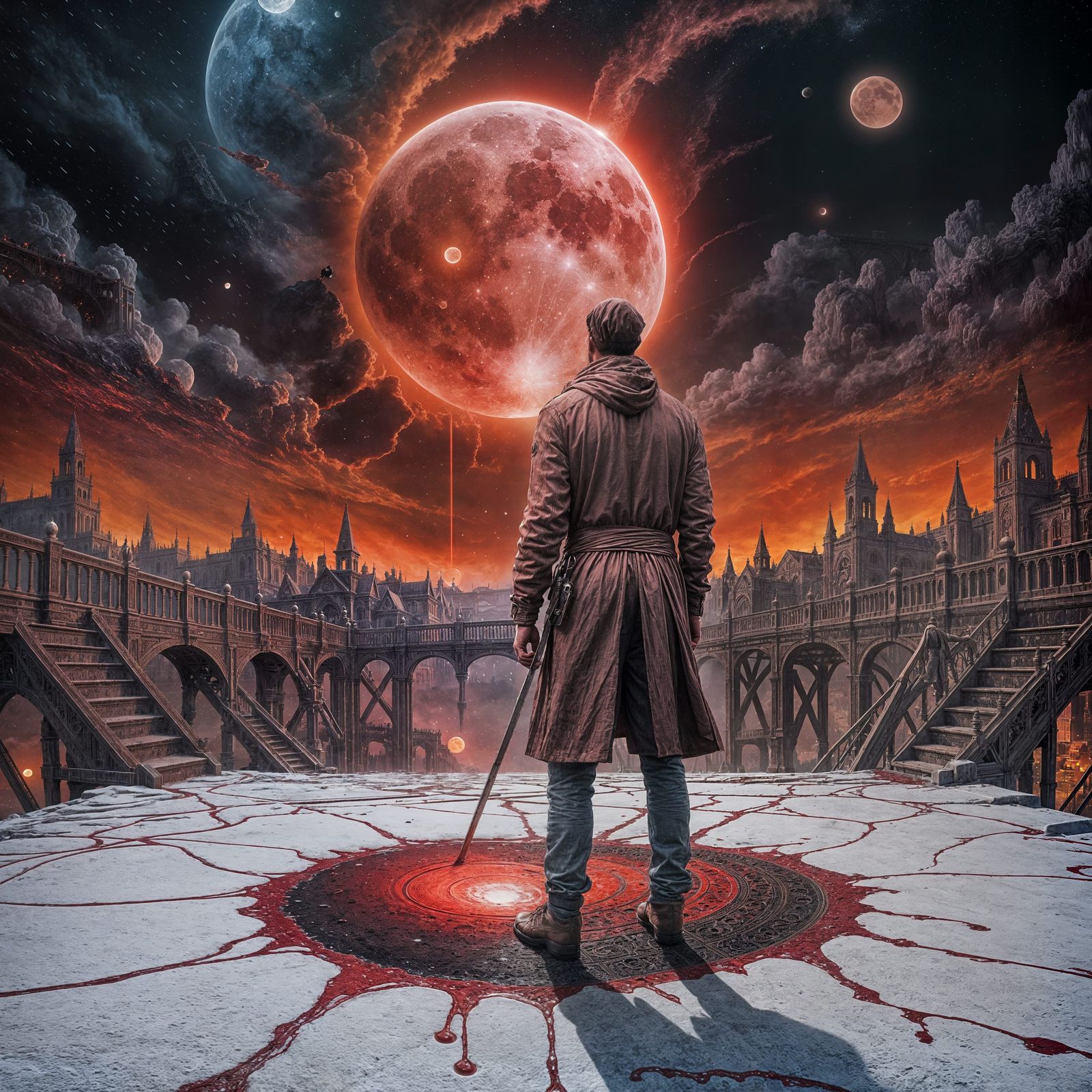 A Hero Stands Before the Bloody Moon in a Dramatic Digital P...