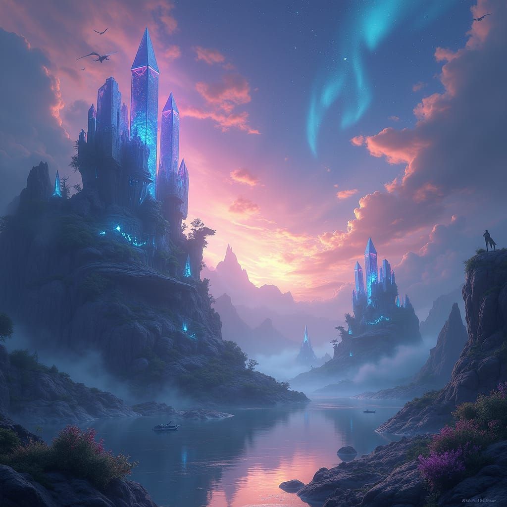 Epic Fantasy Landscape with Floating Islands and Glowing Cry...