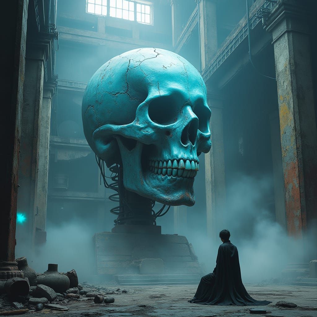 Colossal Cyberpunk Skull in Abandoned Factory