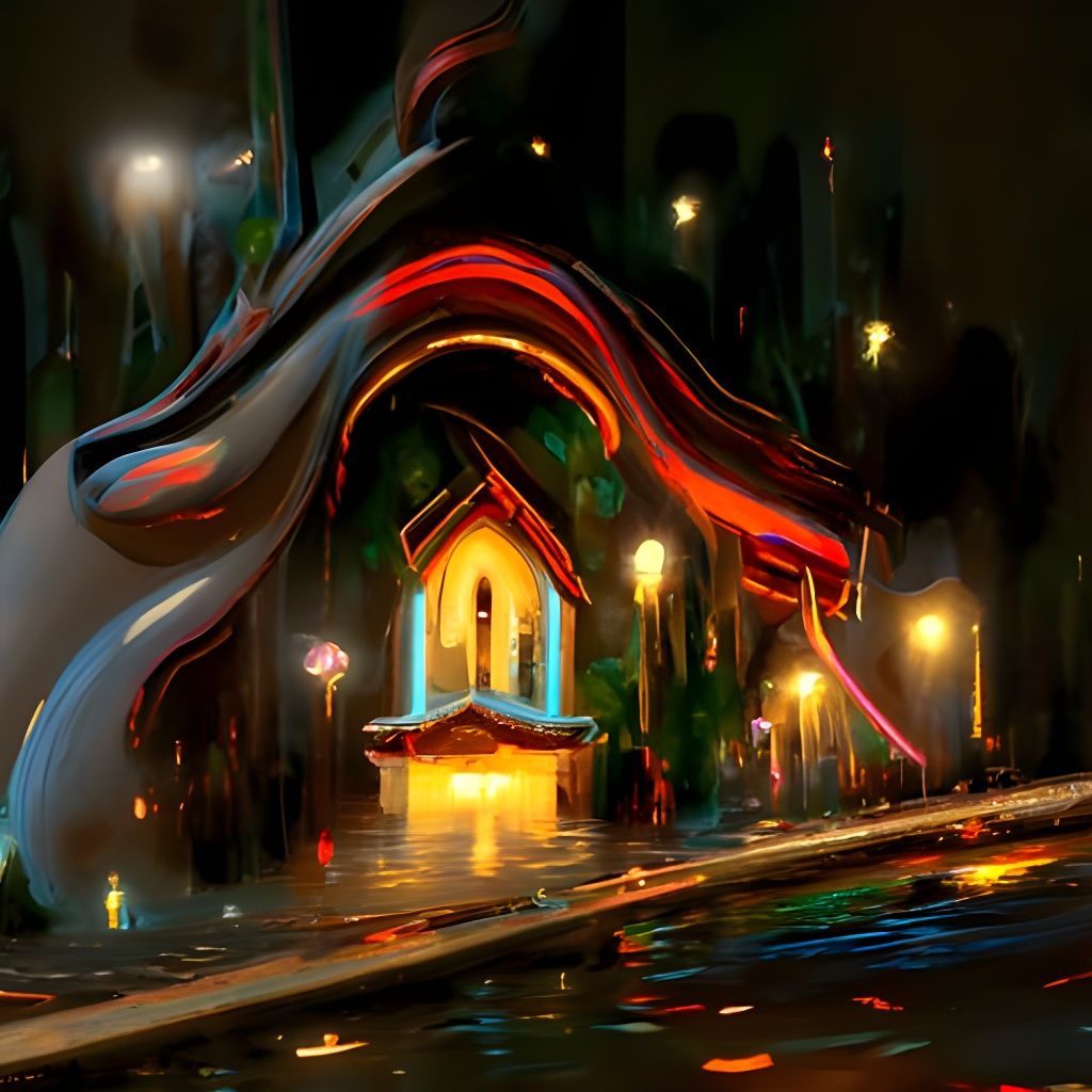 Neon Lit Chapel at Night in Digital Painting Style