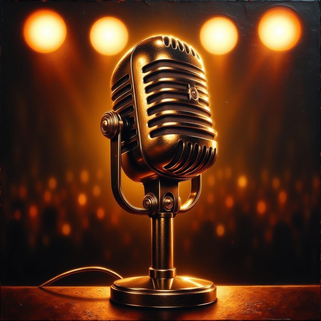Realistic Oil Painting of Vintage Microphone with Deep Contr...