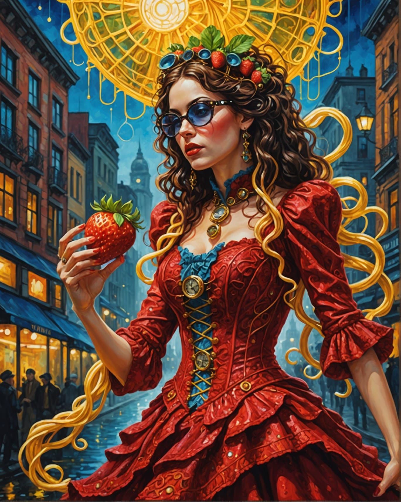 Steampunk Strawberry Kraken Eats Spaghetti, Oil on Canvas