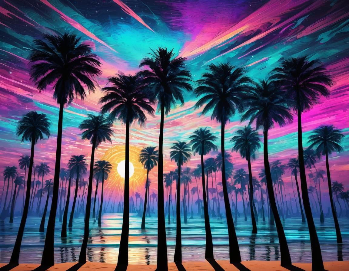 Alien Sunset with Palm Trees: Holographic Mixed Media