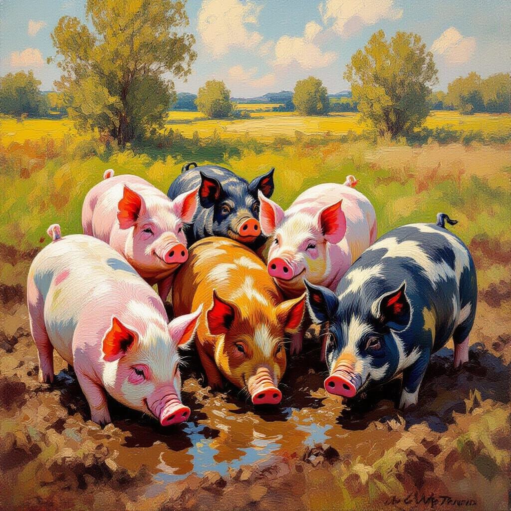 Happy Pigs Wallowing in Muddy Field