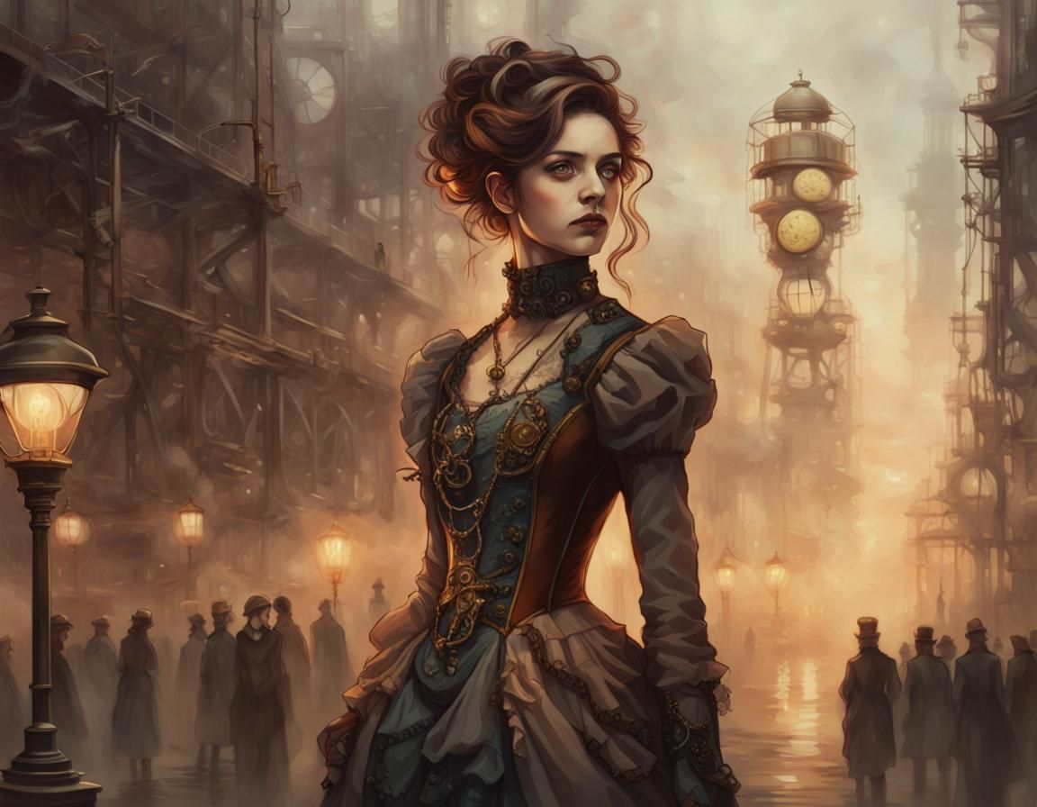Steampunk Lady in Dystopian Cityscape