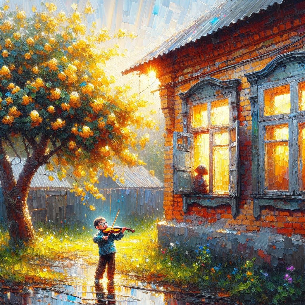 Boy Plays Violin in Sunlit Countryside Scene