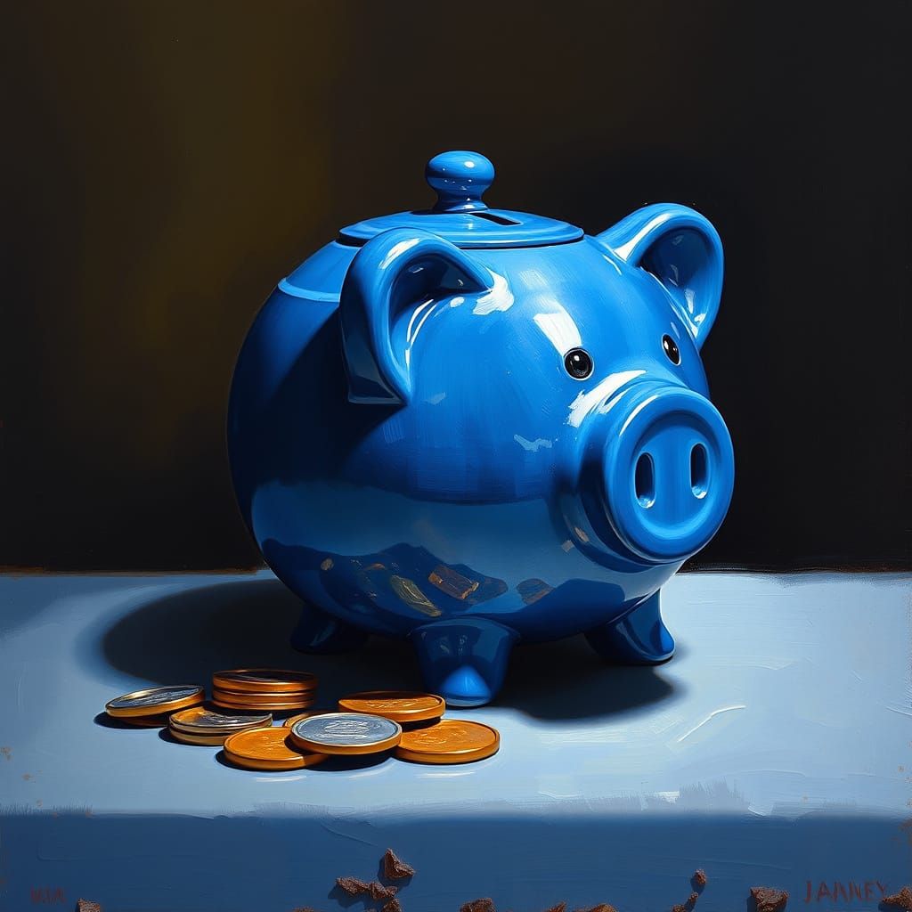 Vibrant Oil Painting of Blue China Piggy Bank