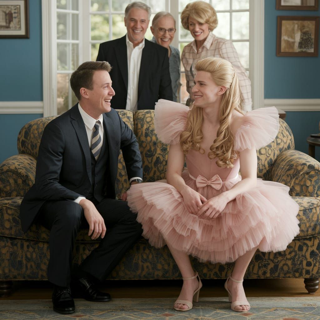 Man in Suit with Embarrassed Young Man in Prom Dress