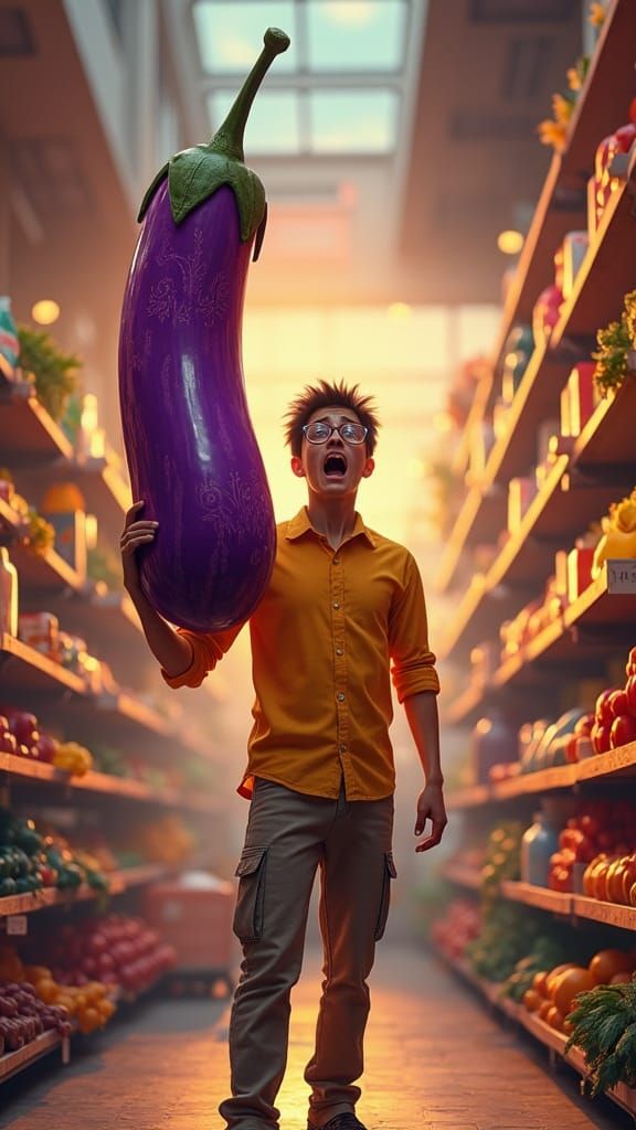 Surreal Supermarket: Man Confronts Exotic Eggplant