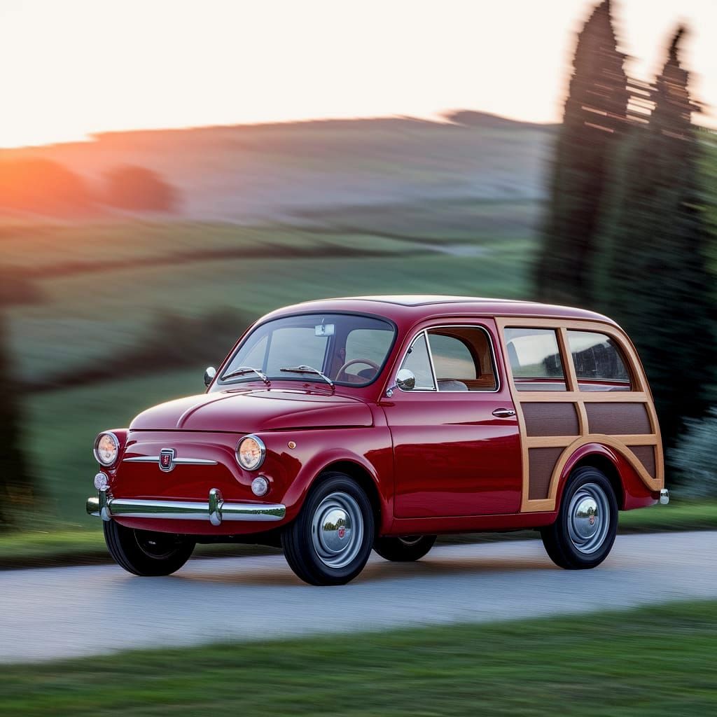 Red Fiat Woodie Wagon at Sunset