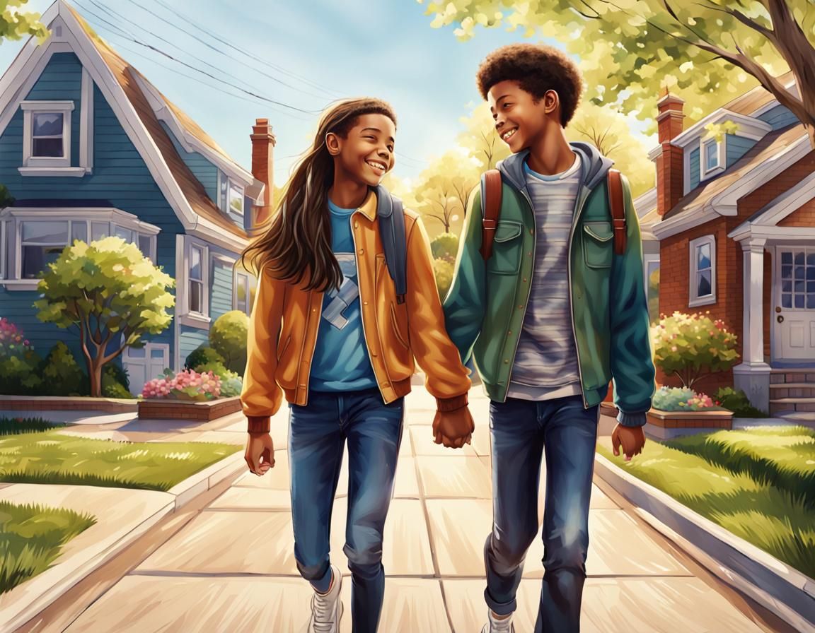 Teenage Couple Walking on a Spring Day