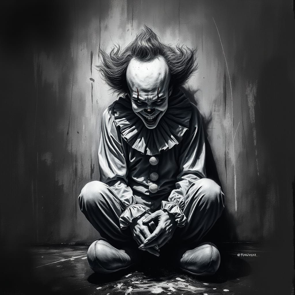 Surreal Clown in Dark Fantasy Art with Chaotic Minimalist Ch...