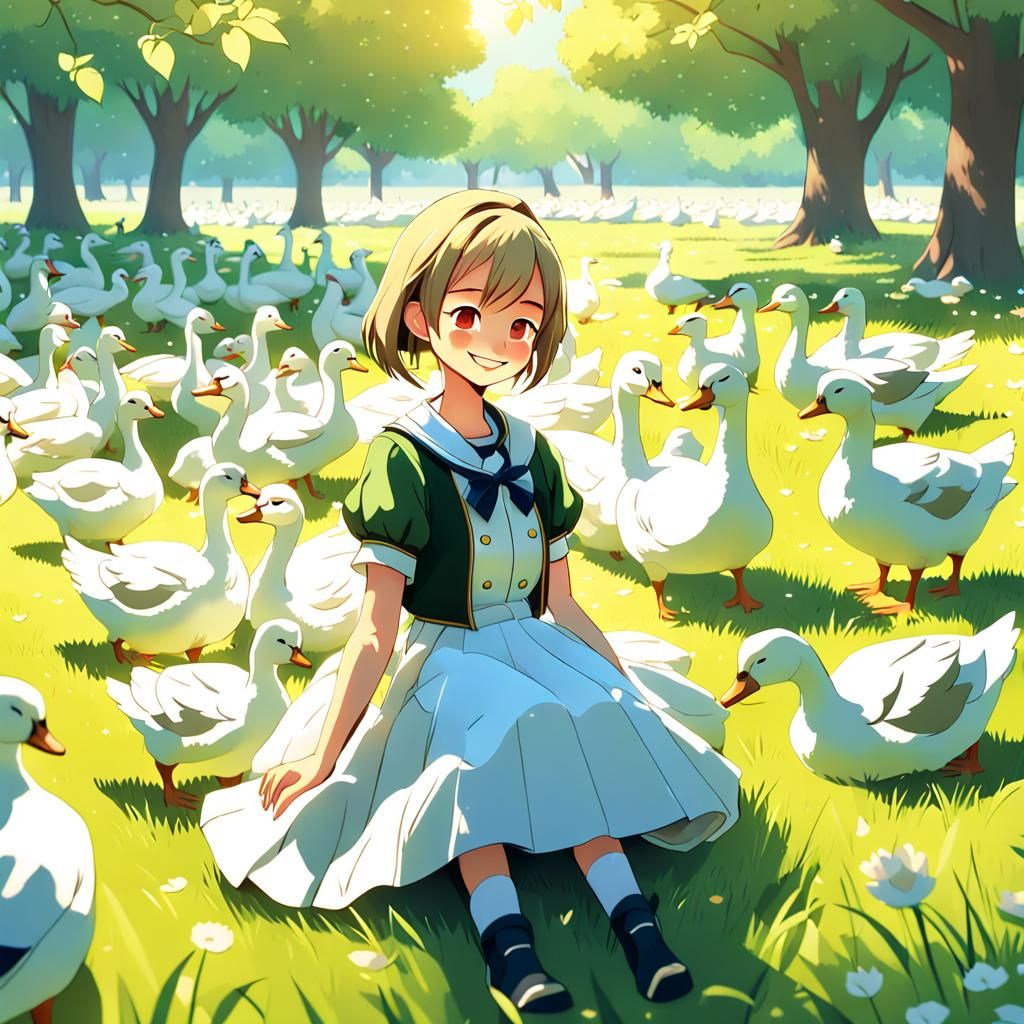 Anime Goose Lover in Lush Meadow, 3D Render