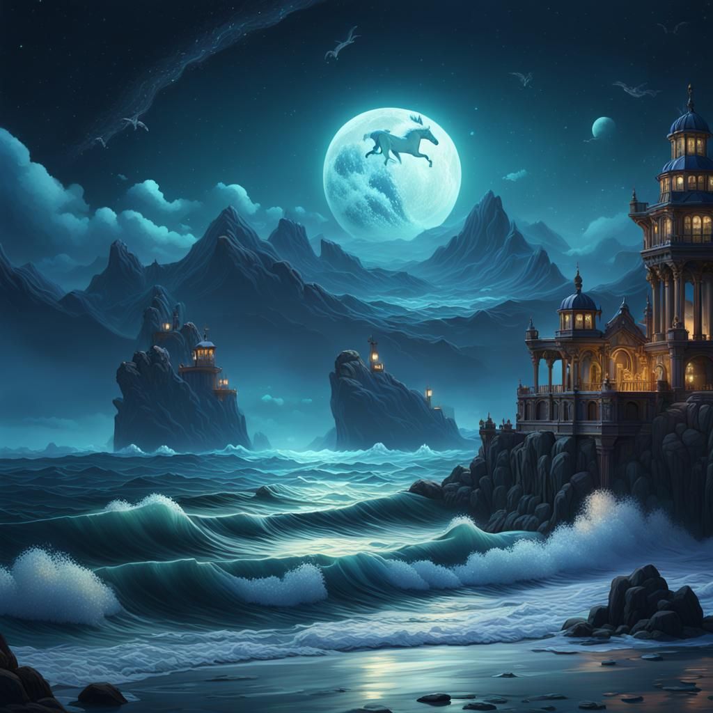 Midnight Seascape Horse in Art Nouveau Style