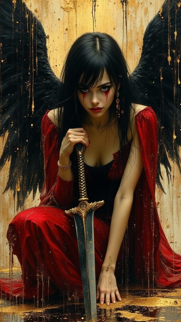 Sad Angel Woman with Sword in Oil Painting