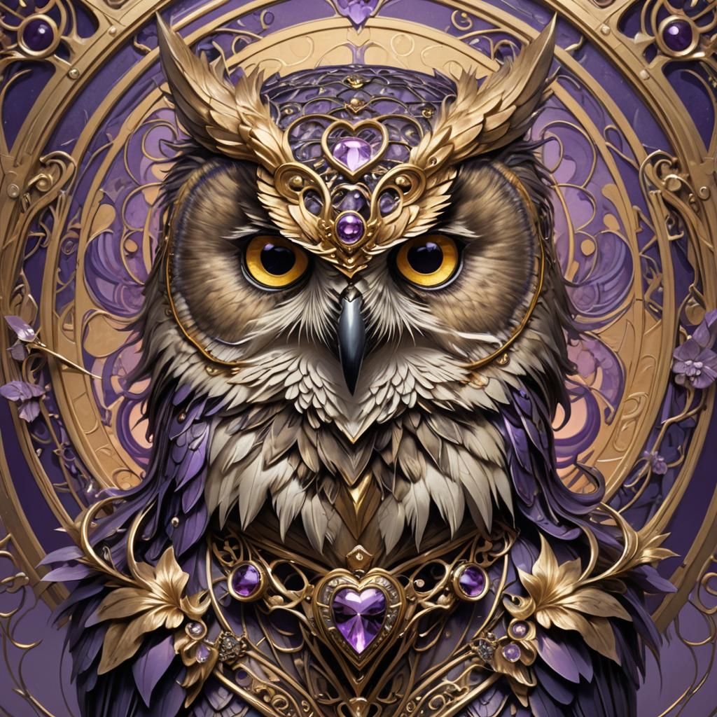 Owl Portrait with Metal Heart in Art Nouveau Style