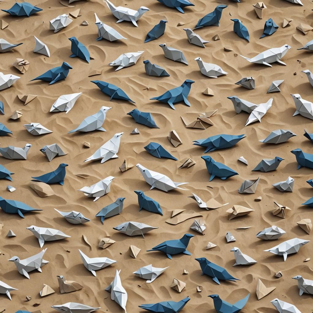Origami Seals on a Beach Papercraft