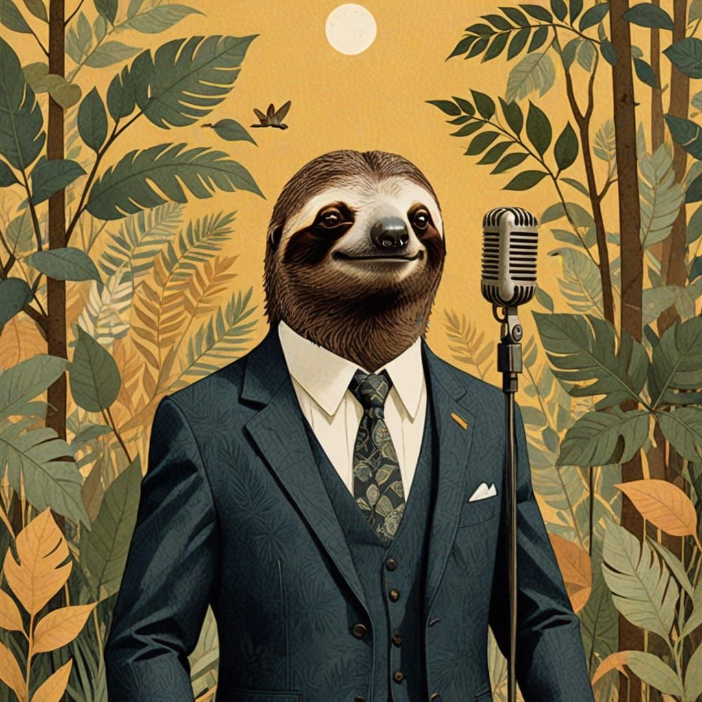 Jazz-Age Sloth Croons into a Vintage Microphone