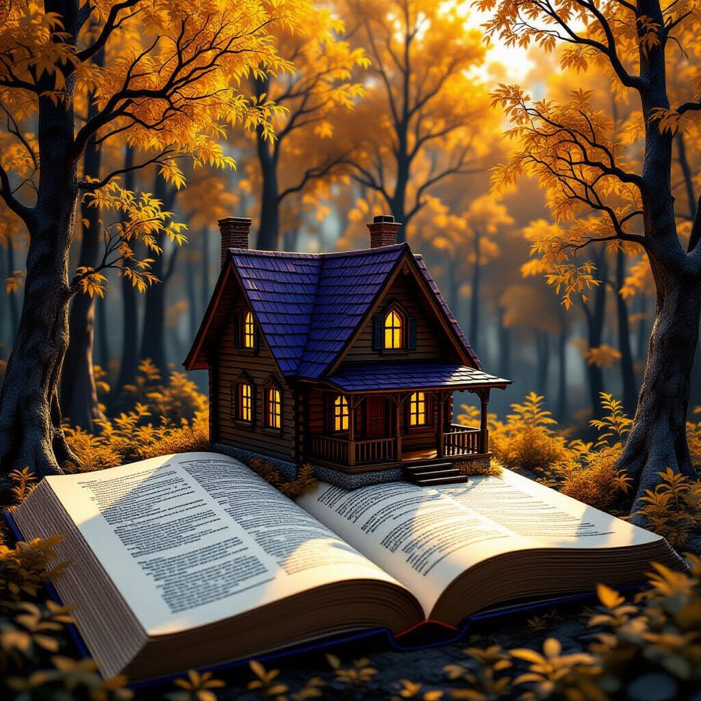 Tiny Cabin on Open Book Pages in Golden Forest