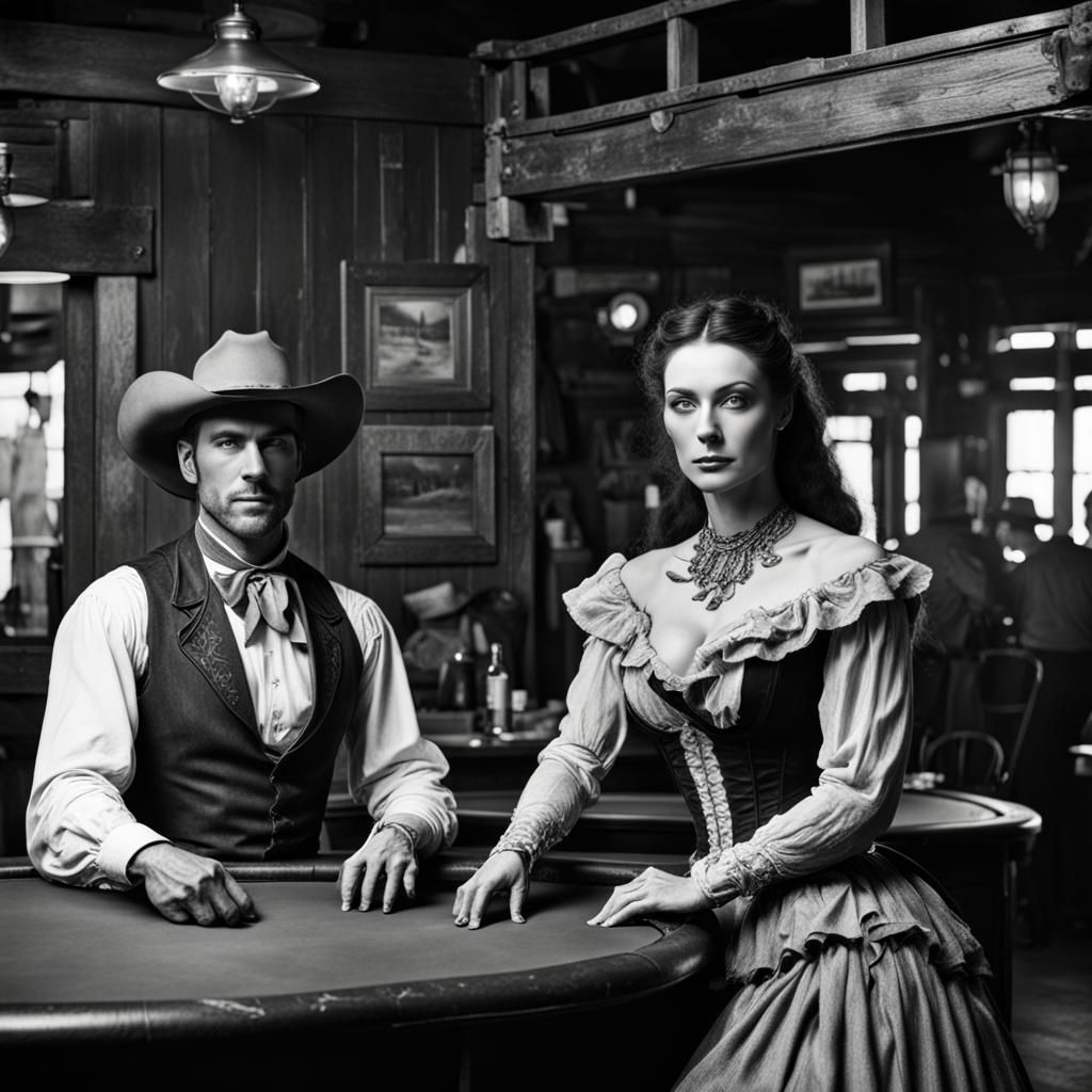 Saloon Girl and Cowboy at Poker Table