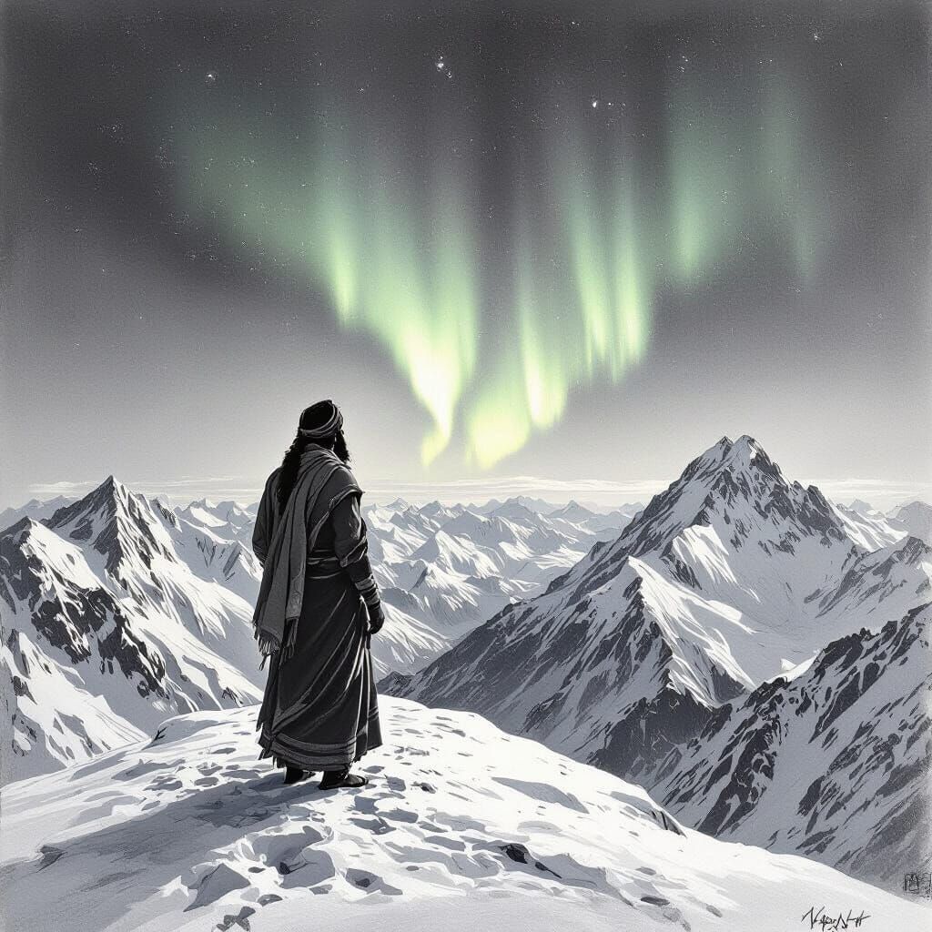 Man Watches Aurora Borealis in Charcoal Drawing