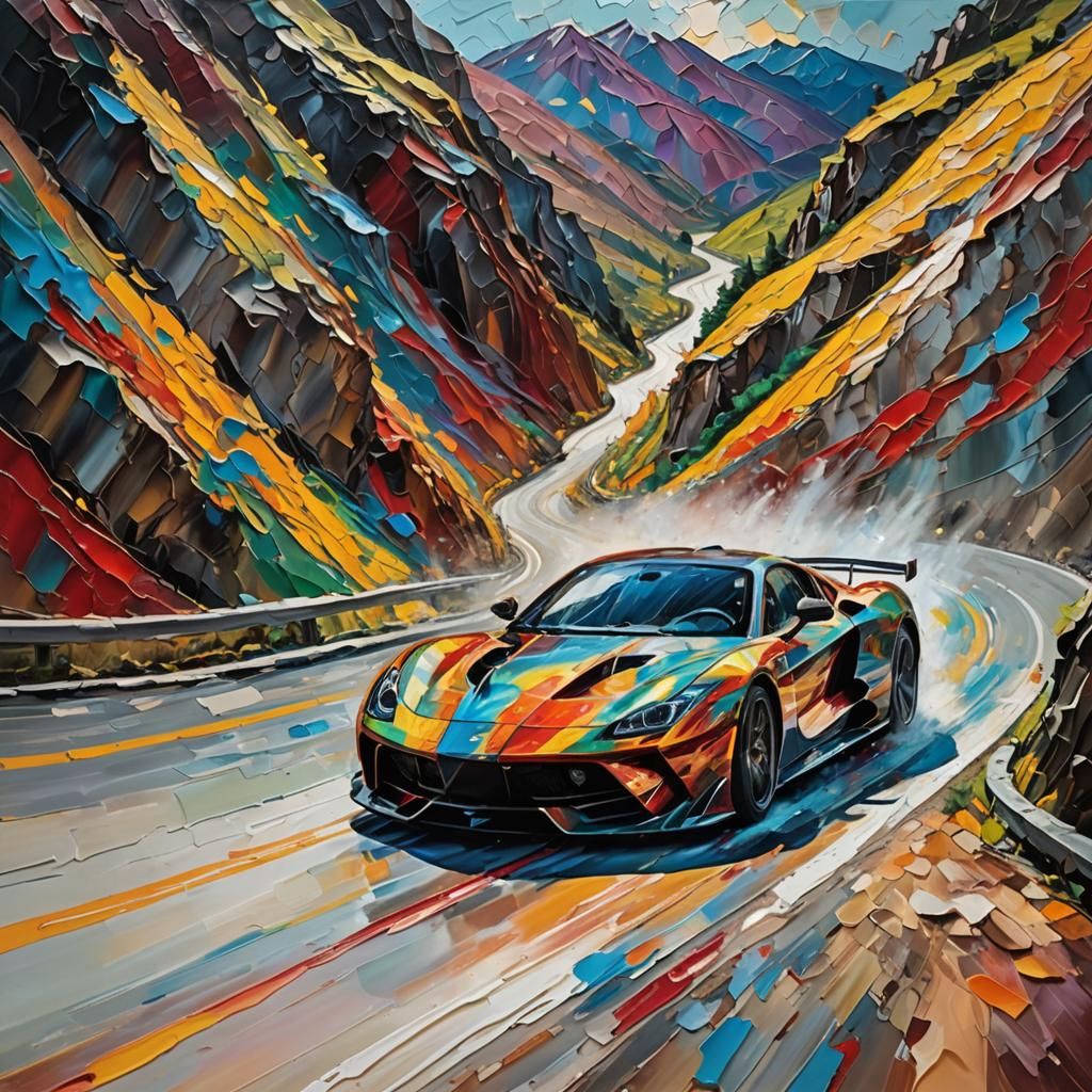 Supercar on Mountain Road in Neo-Expressionist Style