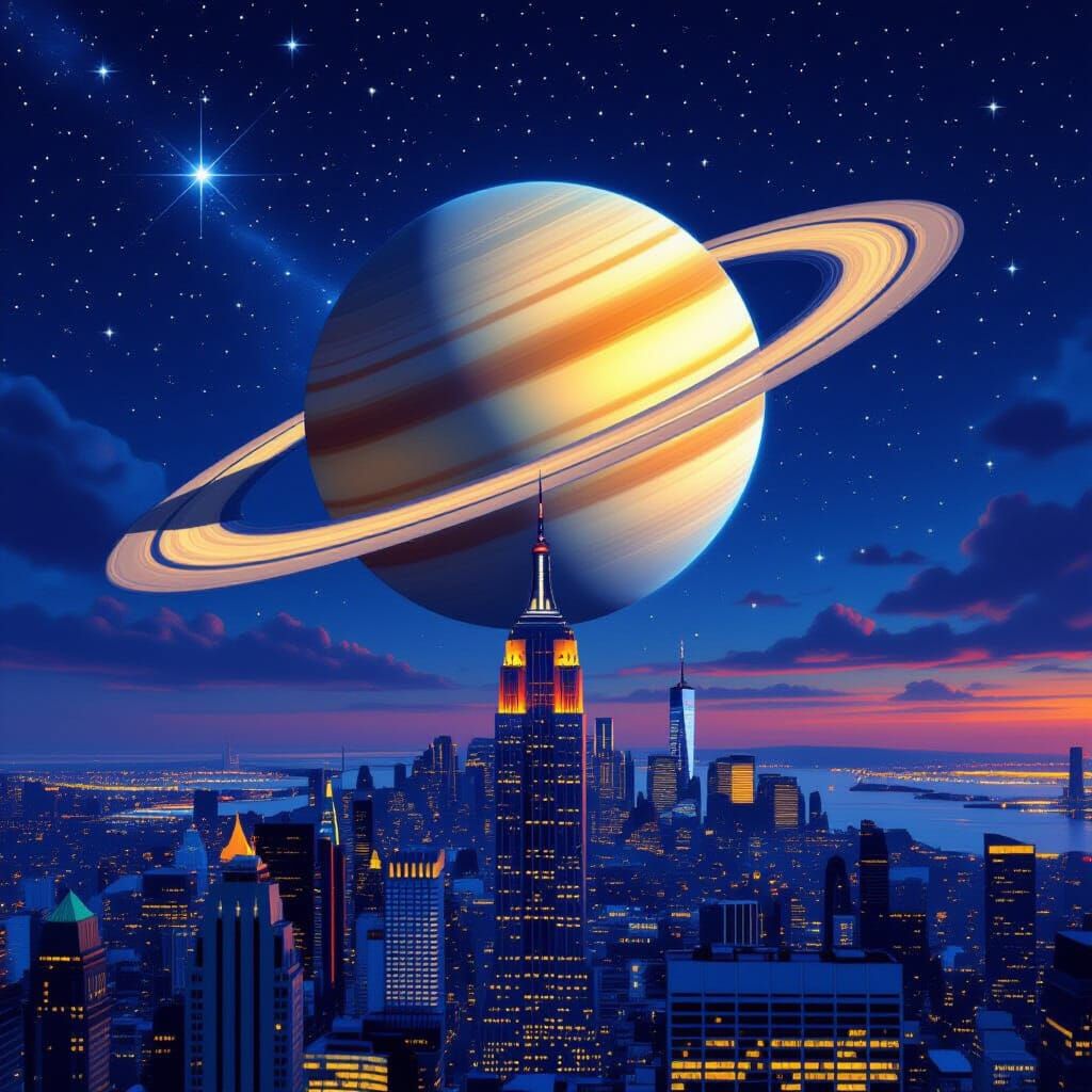Saturn Over New York City Skyline