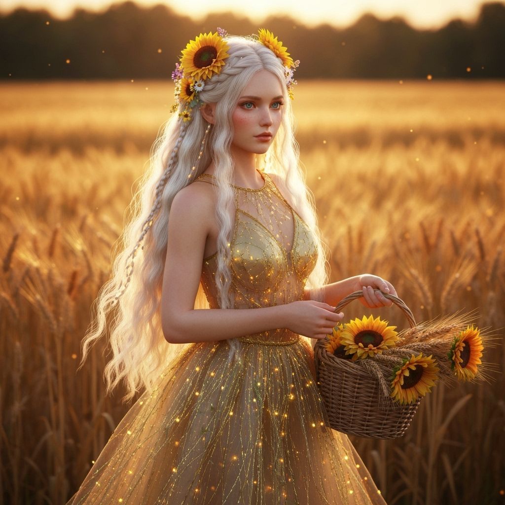 Ethereal Woman in Wheat Field at Sunset
