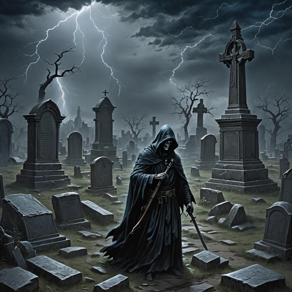 Grim Reaper in Graveyard Dark Fantasy Illustration