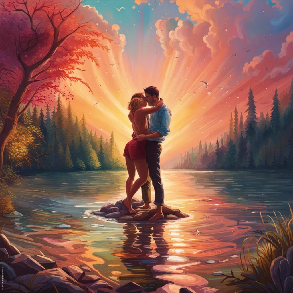 Passionate Lakeside Embrace in Hyperrealistic Splash Art