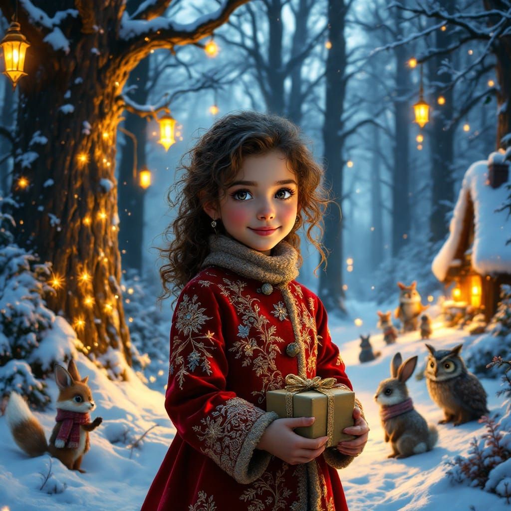 Young Girl in Red Velvet Coat Brings Christmas Joy to Fantas...