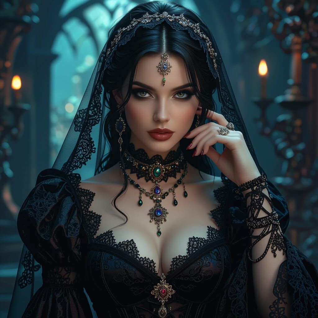 Hyperrealistic Gothic Woman in Mystical Setting