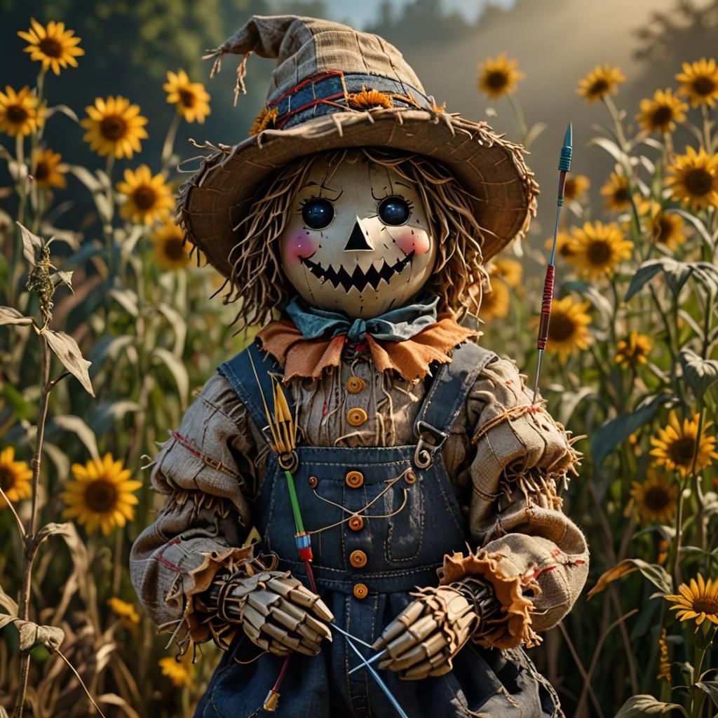 Adorable Scarecrow Doll Holds Needle: Hyperrealistic 3D Port...