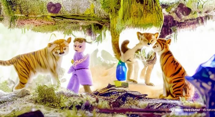 Cartoon Tiger Cub with Wolves and Fox in Nightclub