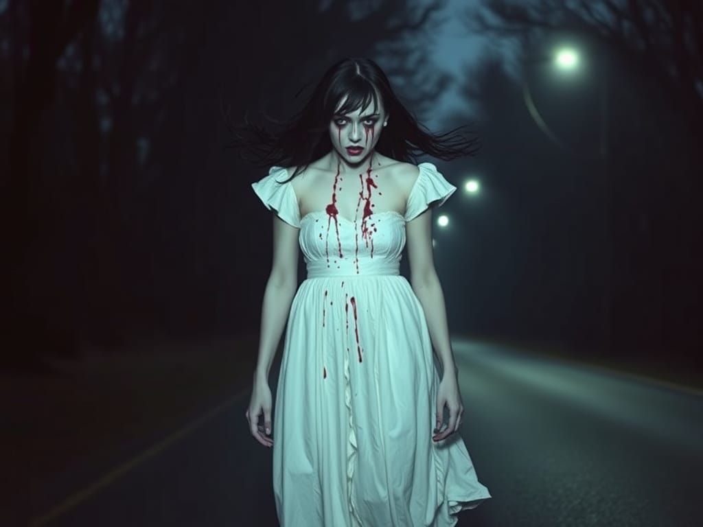 Pale Female in Bloodied Gown Levitates on a Dark Road