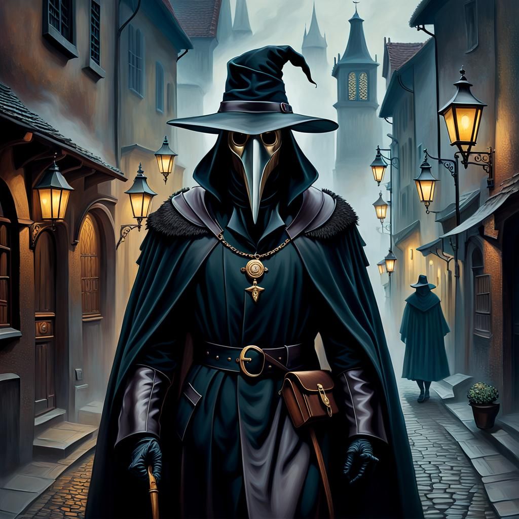 Plague Doctor in Foggy Medieval Street, Surreal Oil Painting