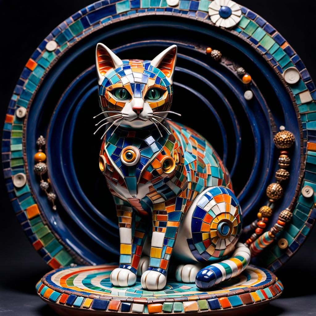 Robotic Cat Ceramic Sculpture with Enamel Glaze